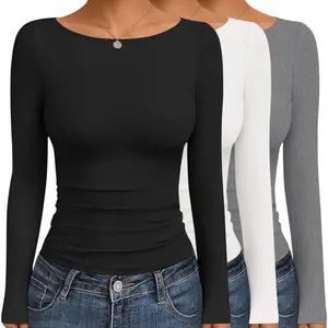 Women's Boat Neck Tops 3 Packs Long Sleeve Shirts Ruched Fall Fashion 2025 Outfits Basic Thermal Underscrubs