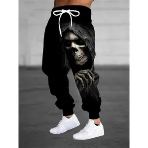 Men's 3D Skull Print Joggers with Drawstring & Pockets - Stylish Halloween Sweatpants, Black Casual Trousers, Polyester Knit Fabric, Machine Washable