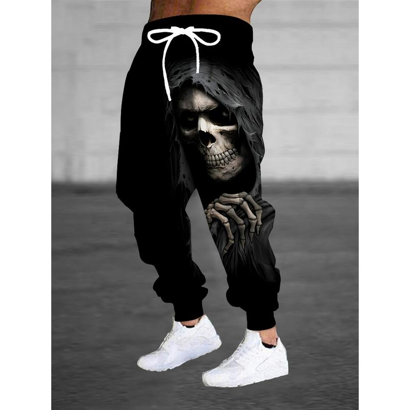 Men's  Skull Print Joggers with Drawstring & Pockets - Stylish Halloween Sweatpants, Black Casual Trousers, Polyester Knit Fabric, Machine Washable