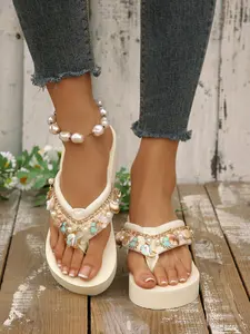 Summer New Ocean Style Thick Sole Sandals for Women, Shell Pearl Marine Life Decorative Open Toe Flip Flops, Outdoor Beach Shoes