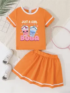 Two-piece set for girls in summer tennis and badminton T-shirt and skirt combination, round neck with contrasting trim short sleeves  high-waisted short skirt, casual two-piece single set, T-shirt with cartoon iron-on pattern paired with summer half skirt