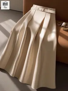 Elegant Women's Pleated Midi Skirt, Simple Plain Woven Fitted Design with Waist Belt, Perfect for Business Commute & Special Occasions