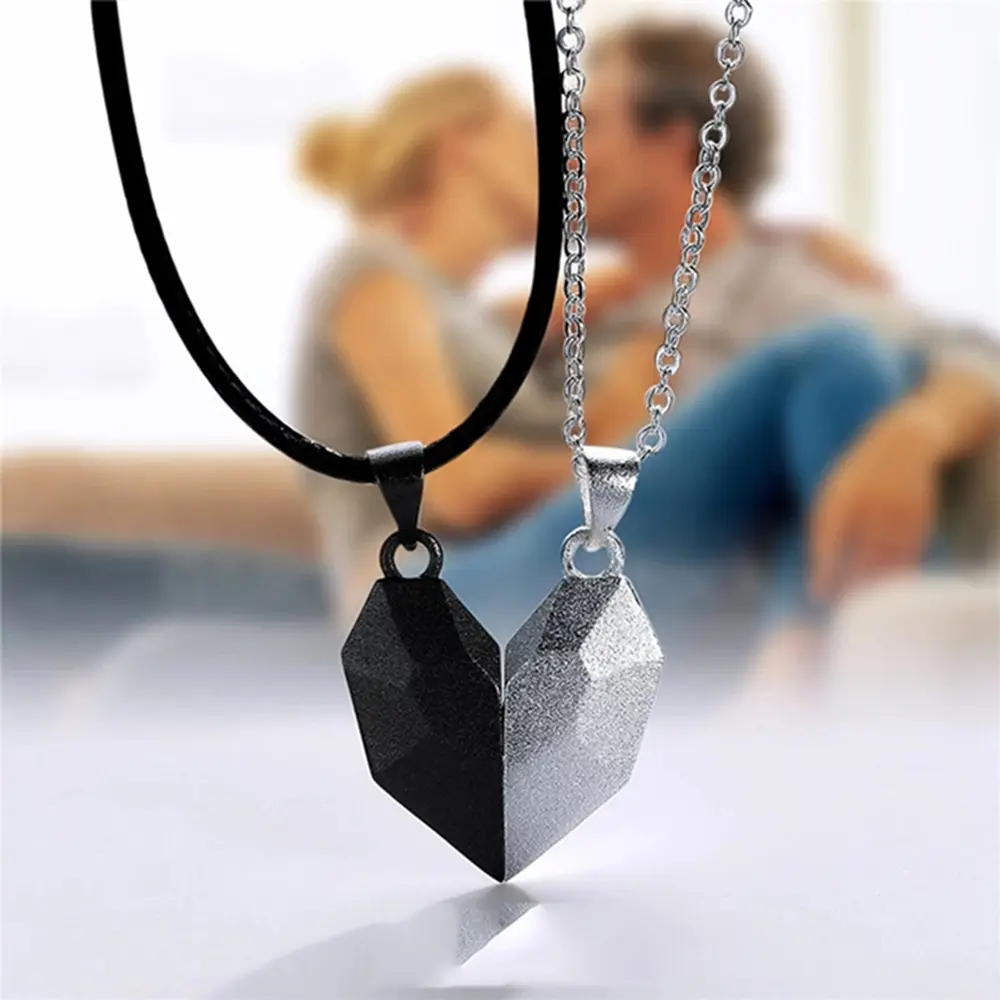 Magnetic Couple Heart Necklace with ECG Pendant in Silver-Plated Alloy