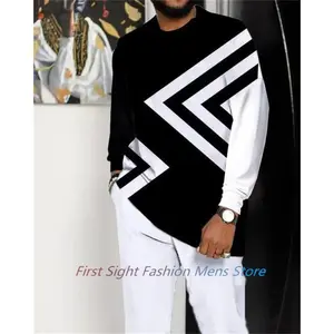 2024 African Man Suit Traditional Outfit Oversized Casual Fashion Clothing Striped Men Long Sleeve T-Shirt Pants 2-Piece Set