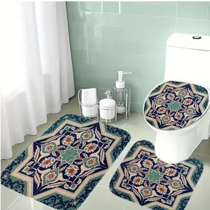 3-Piece Bathroom Mat Set, Blue Geometric Floral Pattern, Soft Flannel Material, Non-Slip Bath Rug, Holiday Decoration