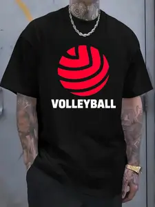 Men's T-shirt, short sleeve with volleyball pattern print and text, casual for volleyball sports, suitable for outdoor sports and fitness wear in summer