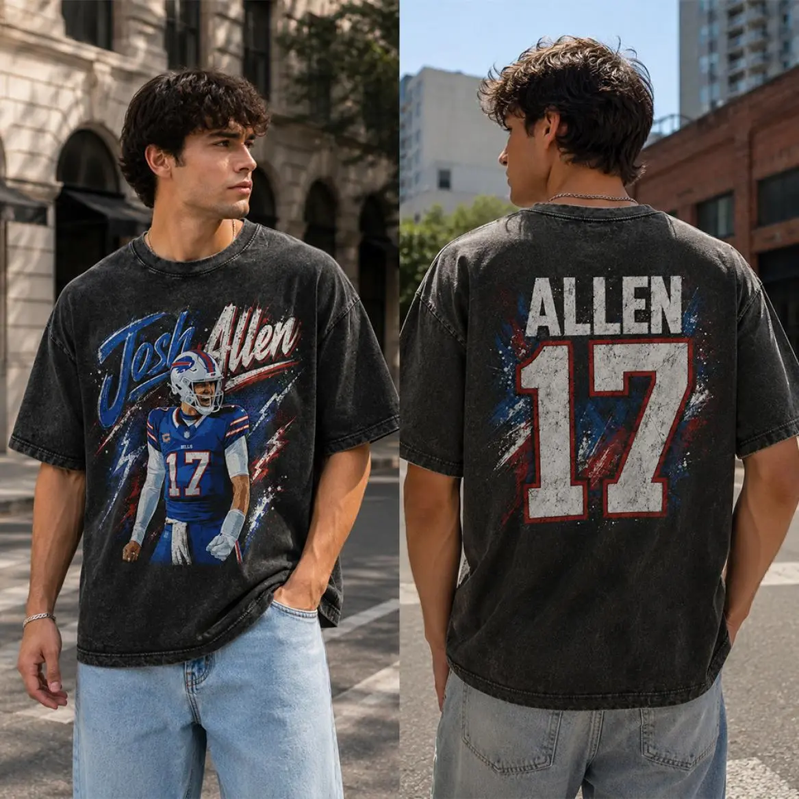 Josh Allen Vintage Graphic Washed Shirt, Buffalo 2 Sided Football Tee, Retro Game Day Shirt, B1lls Mafia Oversized T-Shirt, Gift for Buffalo Fans, Everyday Wear, No Fuss Style, Full Size Range, Perfect Fit for Everyone