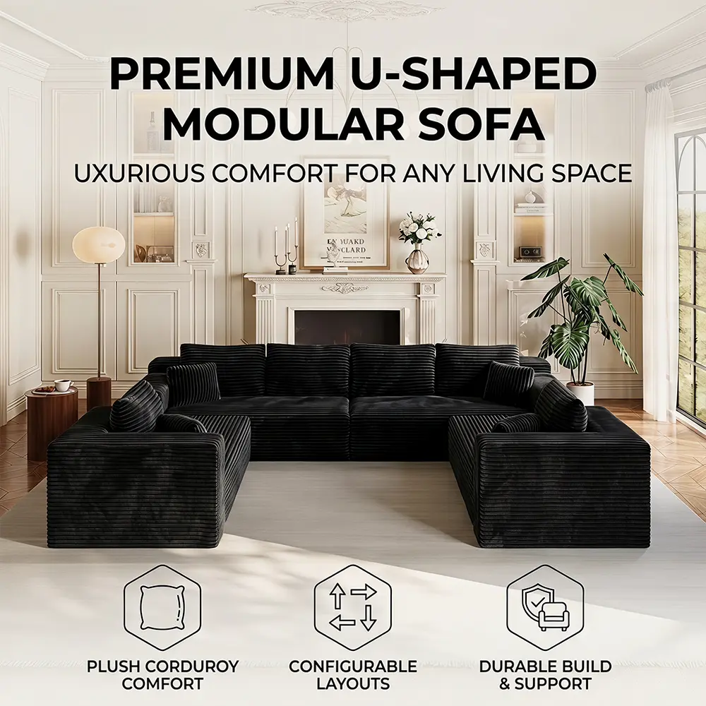 NordFun cloud couch,120in U-Shaped Modular Boneless Cloud Couch,couches for living room,sectional couch,No Assembly Required, Ships in 2 Packages,living room furniture,
