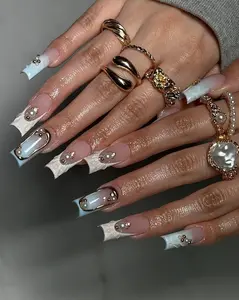 Elegant Ocean Breeze 3D Orchid Press On Nails | Turquoise Ombre Summer Nails | Turquoise French Tip Nail Art | Beach Seashell Accent Nails