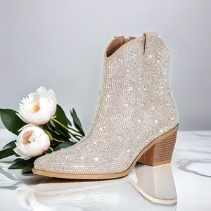 Rhinestone Cowboy Boots Short Wedding Glitter Cowgirl Boots Sparkly Metallic Western Ankle Boots