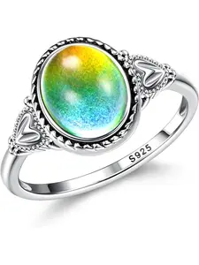 1 Pc Exquisite 925 Sterling Silver Mood Rings Moonstone for Women Vintage Handmade Victorian Rings Oval Solitaire Ring 18K White Gold Plated Color Change Mood Rings Trendy Womens Jewelry