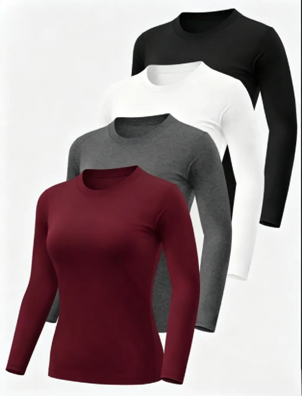 Lady's 4-Piece Comfortable Slim-Fit Thermal Long-Sleeve Crew Neck Basic Baselayer Top Set - Plain Colors, Gym Athletic Clothes, Athleisure Wear, Easy to Layer Under Jackets or Tees, Summerwins Activewear (Black, White, Maroon),outdoorfun