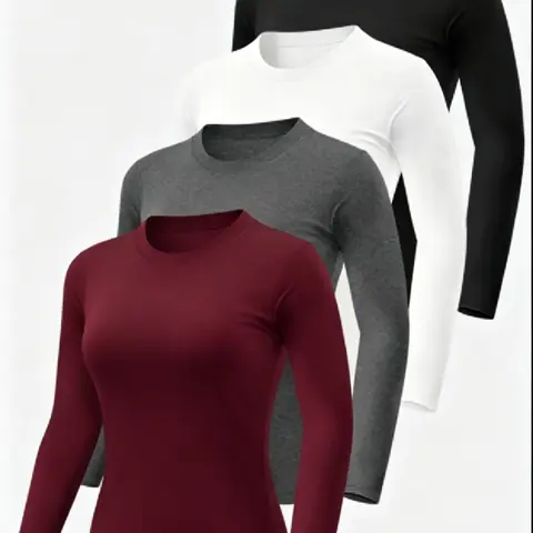 Lady's 4-Piece Comfortable Slim-Fit Thermal Long-Sleeve Crew Neck Basic Baselayer Top Set - Plain Colors, Gym Athletic Clothes, Athleisure Wear, Easy to Layer Under Jackets or Tees, Summerwins Activewear (Black, White, Maroon)