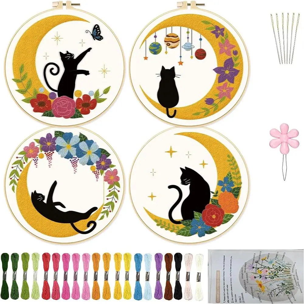 Cat & Moon & Floral Pattern Hand Embroidery Kit, Flower Embroidery Kit, 4 Counts/set DIY Embroidery Kit, Including Manual, Embroidery Hoop, Embroidery Cloth, Embroidery Needle and Others, Embroidery Supplies for Beginners, DIY Kits