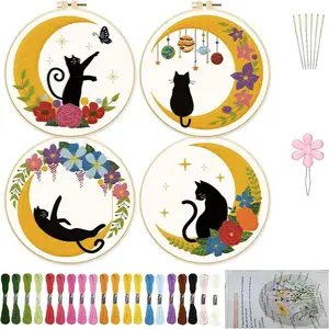 Cat & Moon & Floral Pattern Hand Embroidery Set, 4 Counts/set DIY Embroidery Kit, Including Manual, Embroidery Hoop, Embroidery Cloth, Embroidery Needle and Others, Embroidery Supplies for Beginners