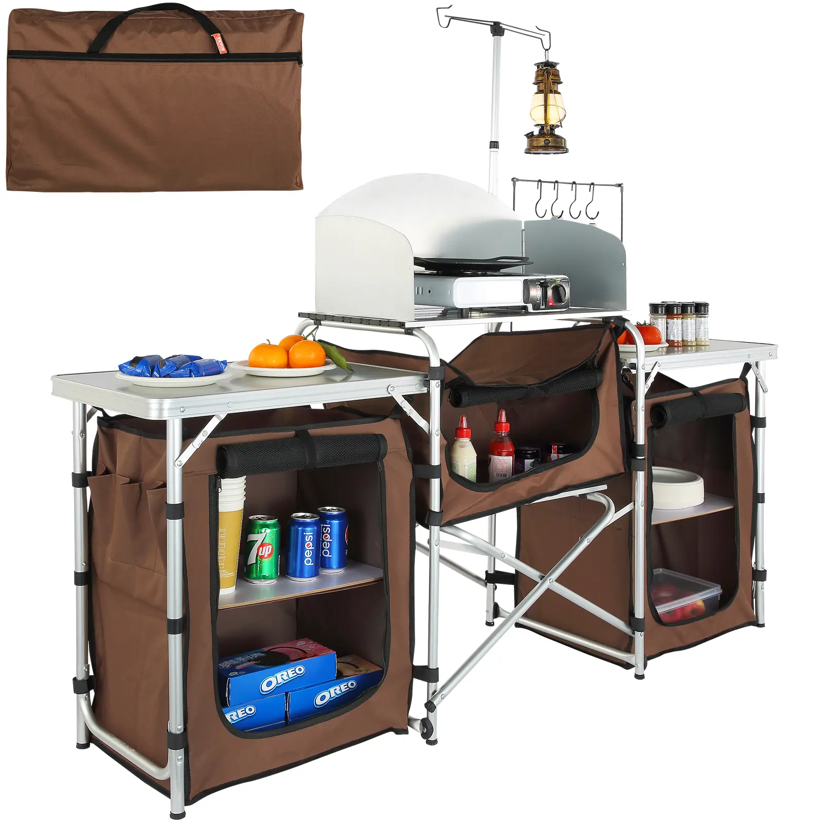 【summerfinds】VEVOR Camping Kitchen Table, Folding Outdoor Cooking Table with Storage Carrying Bag, Aluminum Cook Station 3 Cupboard & Detachable Windscreen, Quick Set-up for Picnics, BBQ, RV Traveling, Brown, Camping Furniture, Portable Picnic Table
