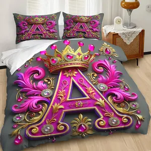 Gilded A-Shaped Crown Print Duvet Cover Set,2/3Pcs Luxury Bedding Set,Combining Iconic Elements with The Opulent Feel of Crown Embellishment.Soft Material for Cozy Sleep.Includes 1 or 2 Pillowcases, No Filling/With Zipper Closure