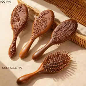 1Pc Natural Wooden Massage Hair Comb, Exquisitely Carved with Phoenix, Koi and Floral Patterns. Soft & comfortable for scalp care, practical hair brush and thoughtful gift for women daily use