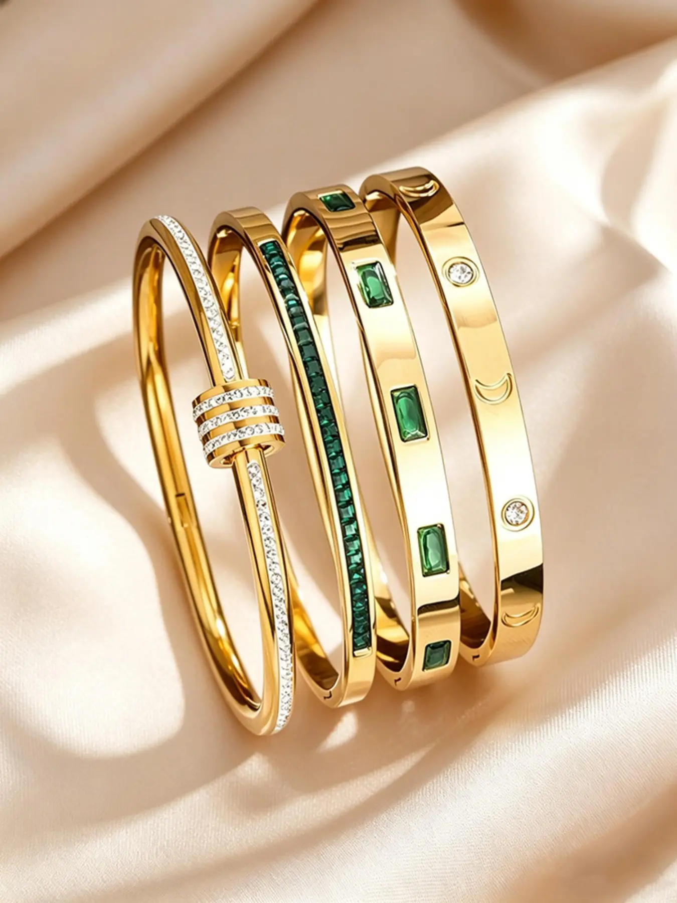 4-Piece Luxury Zircon Stainless Steel Bracelet Set, Elegant Vintage Style, Women's Stackable Bracelets, Perfect Gift for All Seasons
