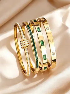4-Piece Luxury Zircon Stainless Steel Bracelet Set, Elegant Vintage Style, Women's Stackable Bracelets, Perfect Gift for All Seasons