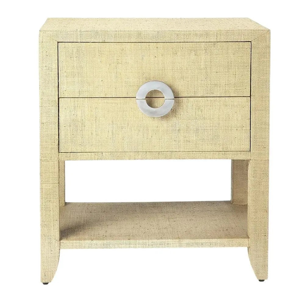 Cream Raffia Nightstand - 2-Drawer Rectangular Single Unit Coastal Bedroom Bedside End Table with 100lb Capacity, Distressed Wood, Mortise Joint