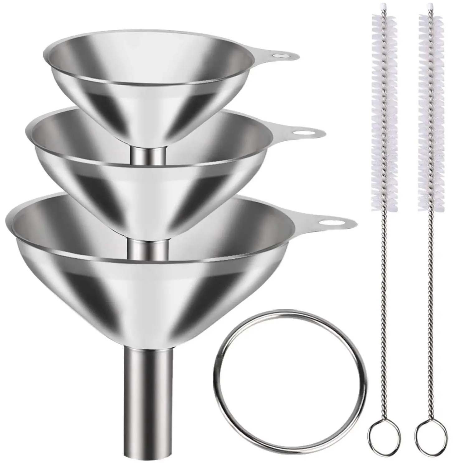 Metal Stainless Steel Funnel Set of 3 - Large Medium Small Funnel for Kitchen Use Filling Bottles Flask Cooking with 2 Brushes Scratch Resistant Food Grade 304 Steel