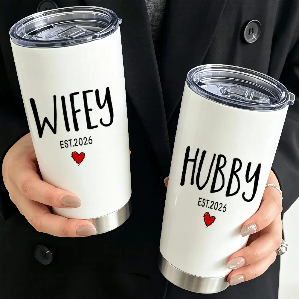 2pc Couples Tumbler with Names/Initials - Leakproof Insulated Suitable for Wedding Gifts, Anniversary, Valentine' Day, Stainless for Him & Her, Oval-Shaped Cup for Car, Office, Travel Use