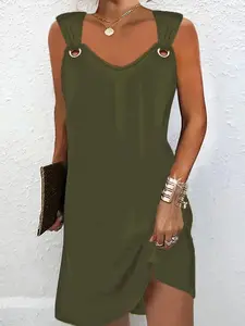 Metal Ring Buckle V Neck Sleeveless Summer Dress, Casual Loose Ruched Short Skirt, Vacation Date Daily Versatile Womenswear