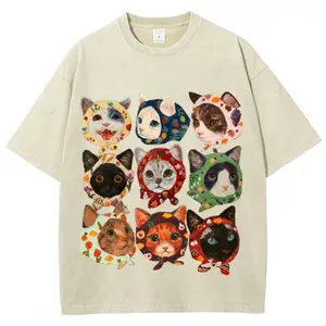 Turban Cat T-shirt, Unisex Casual Cotton Comfort Shirt, Vintage CrewNeck Acid Washed Oversized Drop Shoulder Heavyweight T-shirt, Baggy Workout Tops Short Sleeve Shirt