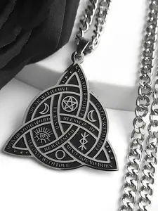 Viking Witch Celtic Knot Necklace Goth Stainless Steel Men Chain Odin Runes Witchcraft Protection Amulet nudo de bruja Cuban Link Chain Geometric Pendant