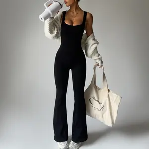 Women's Square Neck Ribbed Flare Jumpsuit - Tummy Control & Slim-Fit One-Piece Outfit