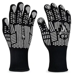 FITFIV BBQ Gloves, 1472 Degree F Heat Resistant Grilling Gloves Silicone Non-Slip Oven Gloves Long Kitchen Gloves for Barbecue, Cooking, Baking, Cutting