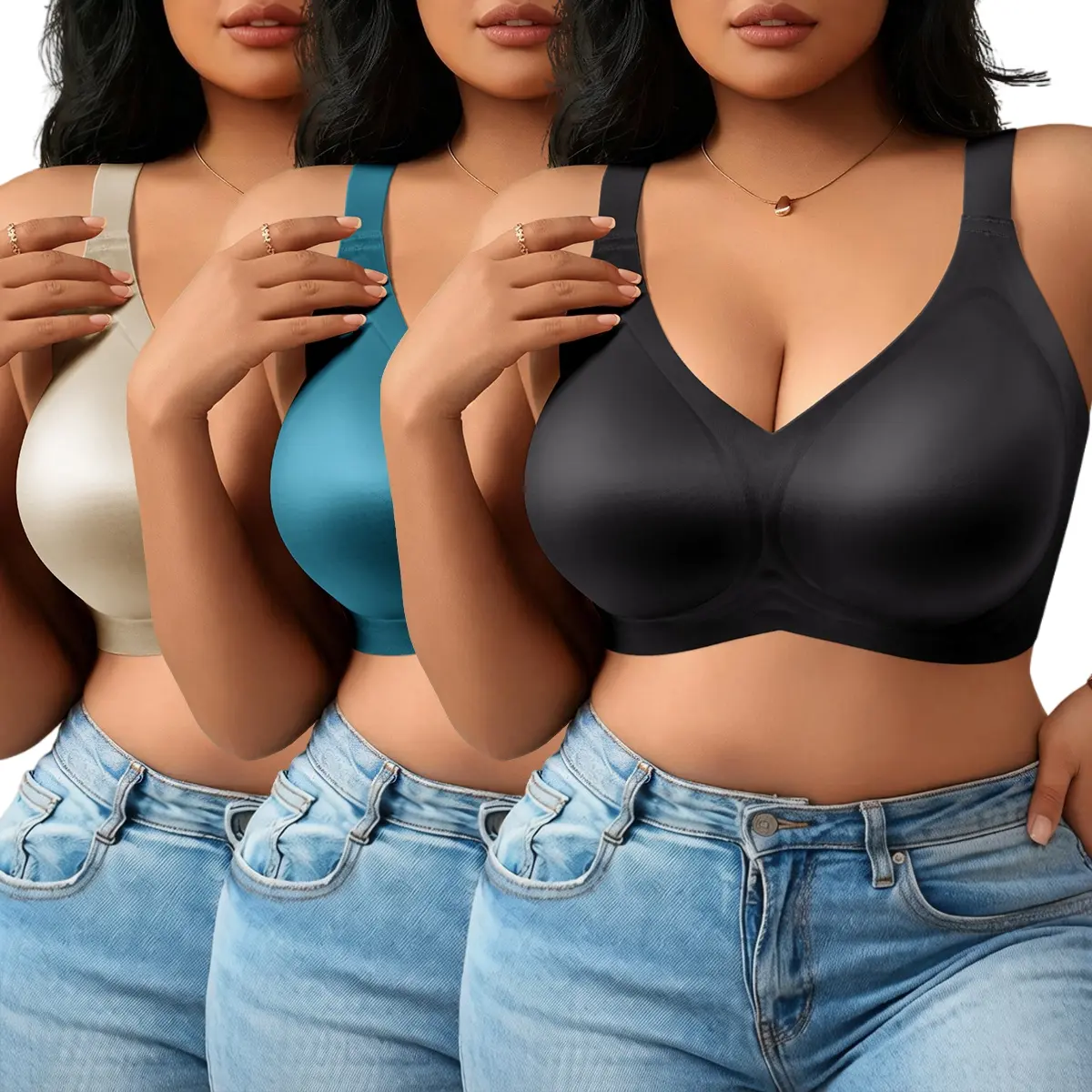 3 Pack Women's Silky Wireless Bras, Smooth Glossy Fabric Soft Comfort Bra, Seamless Full Coverage Support Bra, Stretchy No Wire Everyday Bralettes for Women