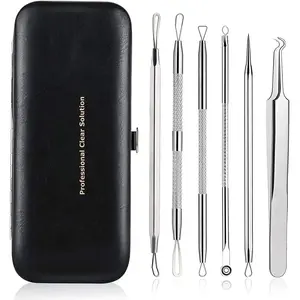 Blackhead Remover Tool Comedones Extractor Acne Removal Kit for Blemish, Whitehead Popping, 6 Pcs Zit Removing for Nose Face Tools with a Leather Bag
