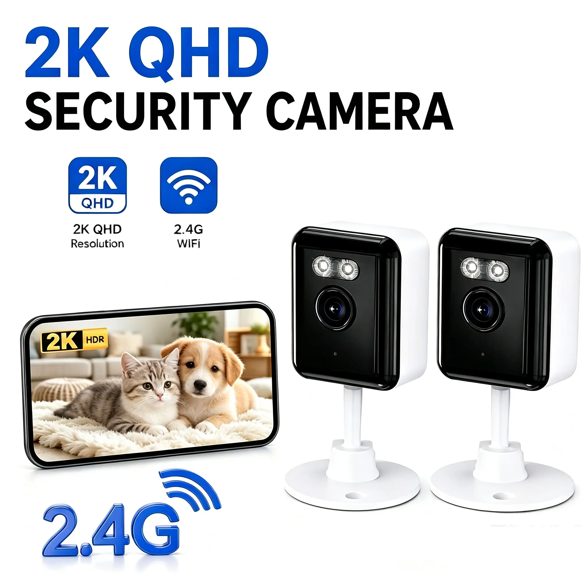 2-Pack Smart WiFi Wireless Security Cameras for Home, 3MP 2048P HD Camera Security, Easy Installation, Remote Viewing, Infrared Dual Spotlights, 2-Way Audio, Indoor/Outdoor Use, 1-Day Free Cloud Storage (Paid Subscription for More), Pet Monitoring