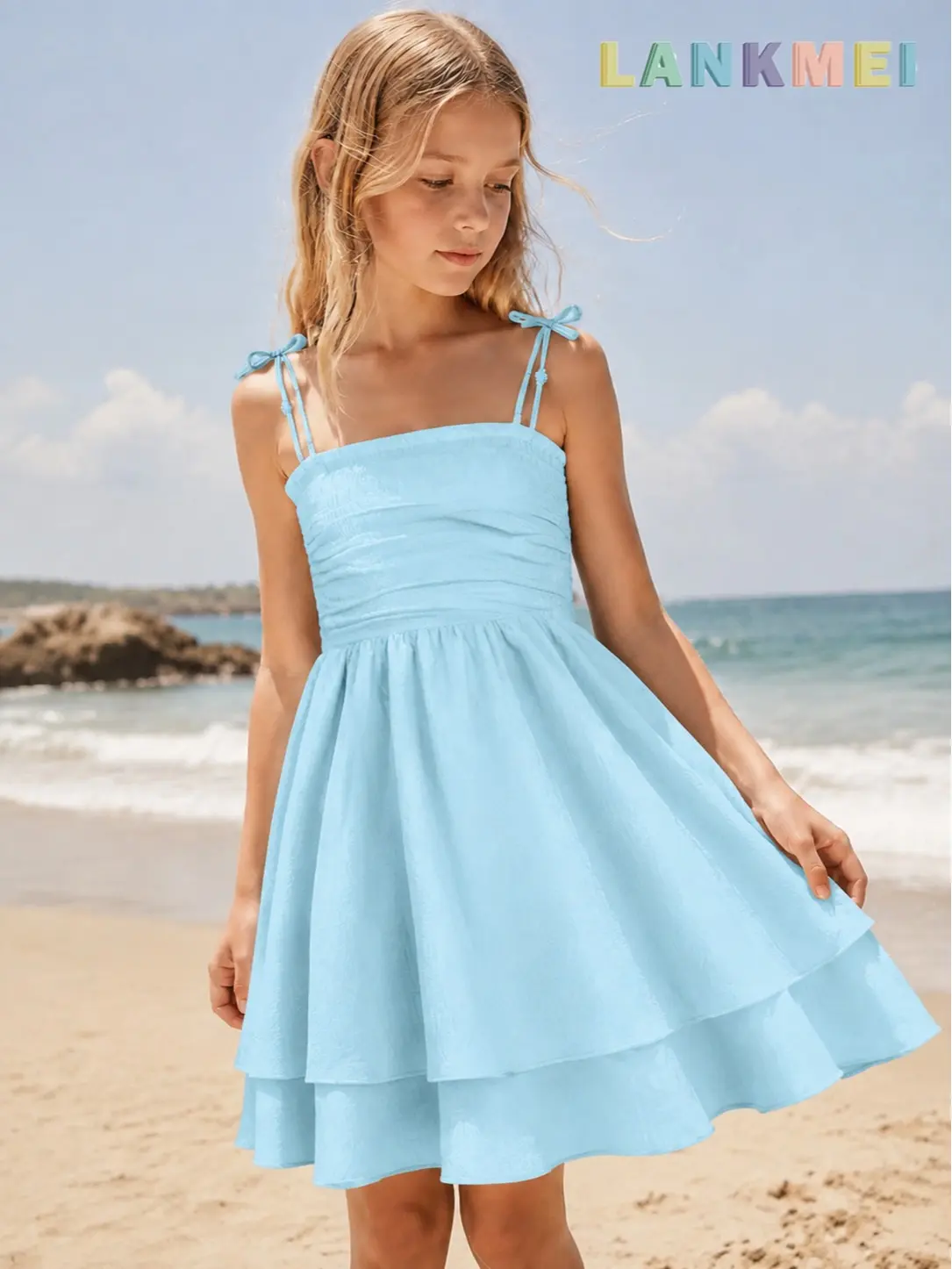 LANKMEI Girls' Light Blue Smocked Casual Summer Dress - Adjustable Straps, Flared Hem