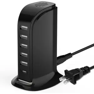 USB Charging Station for Multiple Devices, 5 USB Ports + 1 Type C Multiport Charger Tower, Compatible with Smartphones, Tablets and Other Devices (Black)