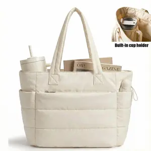 Five Season Home 20L Puffy Quilted Tote Bag for Women, Lightweight Bubble Nylon Laptop Shoulder Bag with Multiple Compartments for Work, Travel, and College