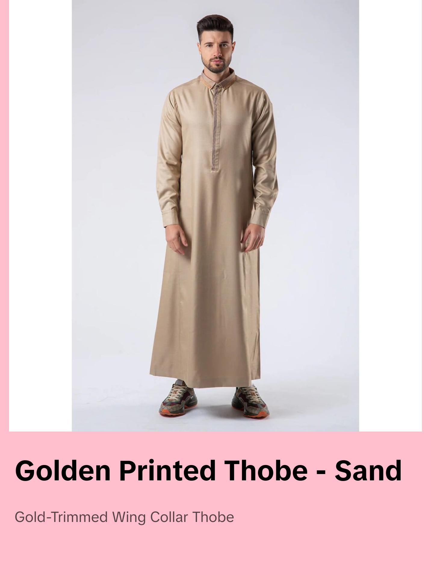 Men's Casual Full Length Islamic Thobe AAR2429 Golden Printed Arrows - Palm Sand