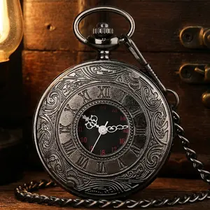Vintage Steampunk Pocket Watch with Chain, Engraved Black Metal, Roman Numerals, Antique Gift for Men Women