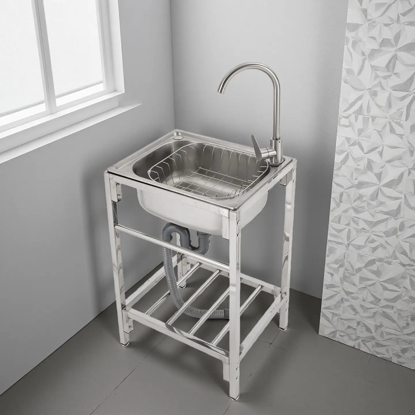 CNCEST Durable Rectangle Metal Commercial Single Bowl Utility Sink Complete Kit - 220lb Weight Capacity, Layered Water Filtration System, Bracket, Metal Pipes, Large Capacity for Restaurants, Clean Rooms