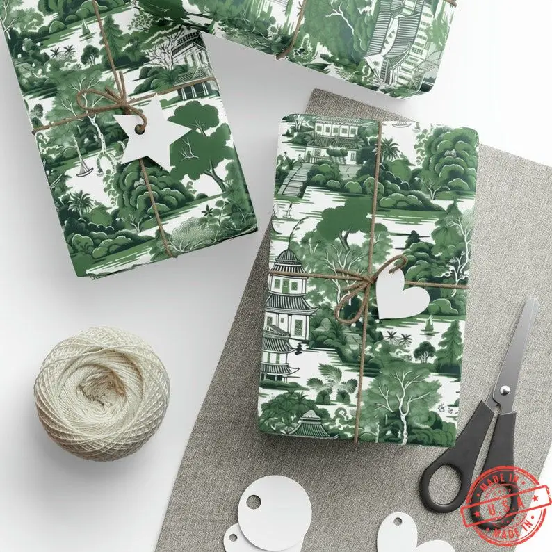 Chinoiserie Christmas Wrapping Paper Roll, Green & White Toile Gift Wrap, Asian China XMAS Holiday, French Toile de Jouy Floral, Traditional