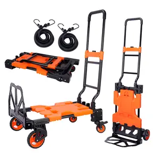 Foldable Dolly Cart with Wheels, 220 lbs Max Capacity Portable Hand Cart, 4 Wheels Collapsible Luggage Cart,  2-in-1 Heavy Duty Folding Hand Truck with Adjustable Retractable Handle for Moving, Delivery, Warehouse Use