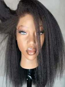 Soft Kinky straight 18 Inch Long 180% Density Daily Yaki Lace Front Wig, High Heat Resistant Full Cap Wig