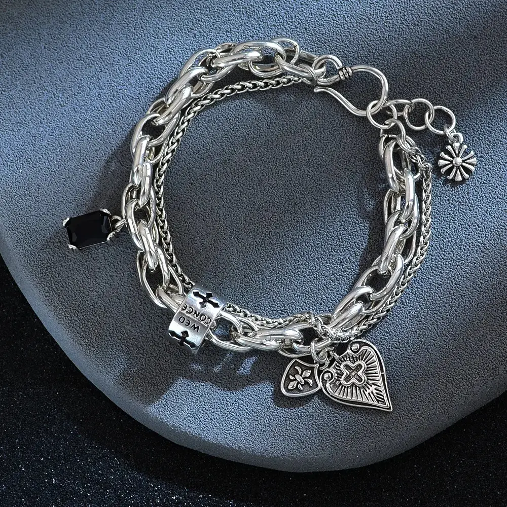 925 Sterling Silver Cross Charm Bracelet, Vintage Heart Embellished Unisex Accessory, Adjustable Stackable String, Thoughtful Gift, Silver Embellished Bracelets & Bangles, Crafted, Cross Charm Bracelets & Bangles