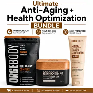 Beef Tallow Anti-Aging + Beef Organ Health Optimization Bundle : Forge Skin Wrinkle Defense Beef Tallow Balm Moisturizer + FORGEBODY Beef Organ Complex Capsules Supplement for Body & Brain Function + Mineral Tallow Non Nano Zinc Oxide Sunscreen SPF 30