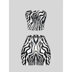 Women’s two-piece set featuring a leopard-print and zebra-stripe printed crop top and skirt; casual, fashionable, and comfortable—suitable for everyday outdoor wear; summer women’s clothing; SetGARMENTARY