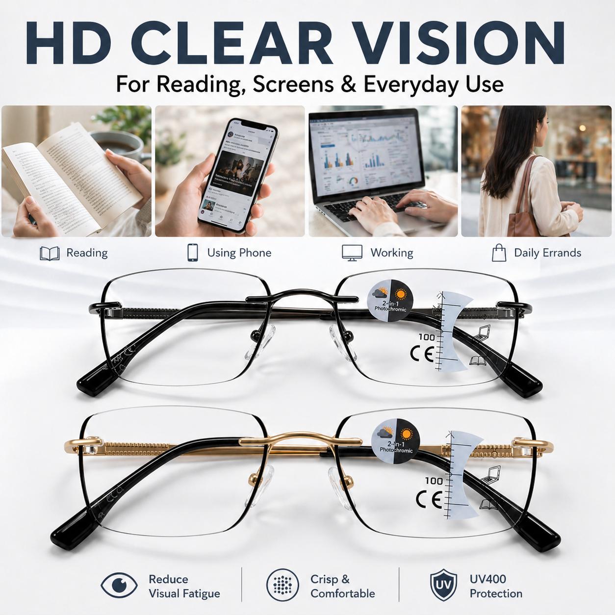 Progressive Multifocal Photochromic Reading Glasses for Women & Men, Blue Light Blocking Smart Readers, UV Protection Light Adaptive Eyewear for Near Mid Far Vision