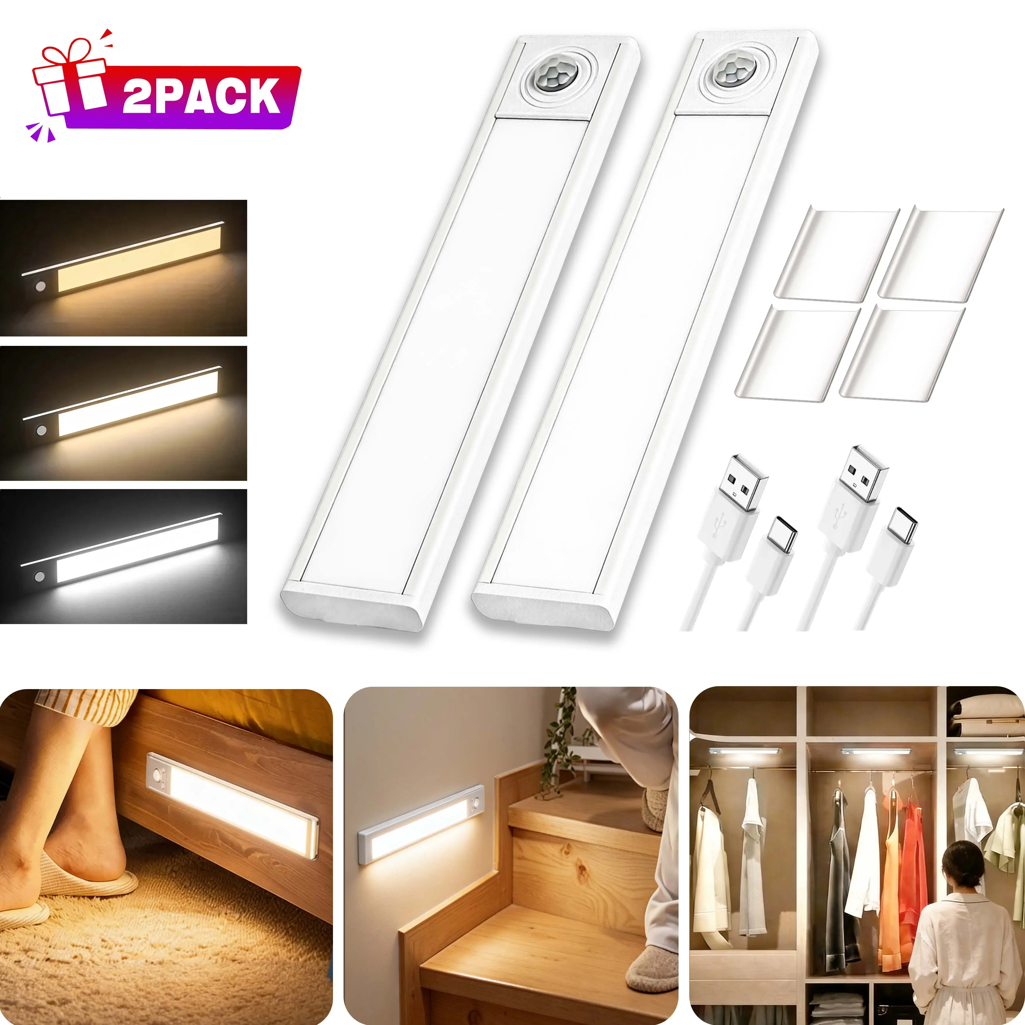 6-Pack Rectangle Smart Motion Sensor Night Light - USB-C Rechargeable Wireless 0-5W Interior LED Lights, Stick-On No Tools Adhesive Wall Mount, Multifunctional Hands-Free Under-Cabinet Lighting (10ft/120° Coverage, Summer Gift for Closet)