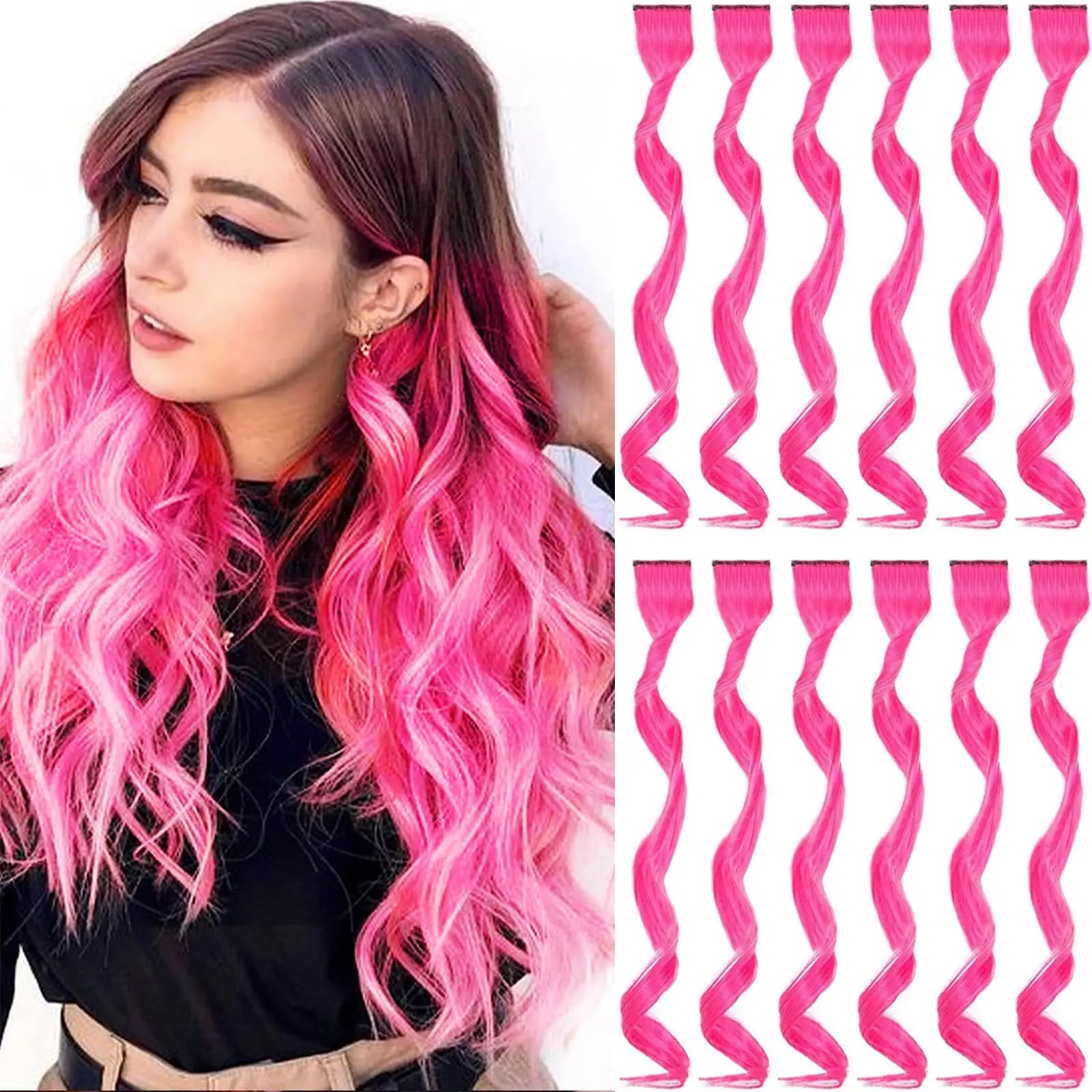 12 PCS Hot Pink Hair Extensions Clip in, Curly Wavy Colored Extension - Party Highlights Synthetic Hairpiece 17 inch